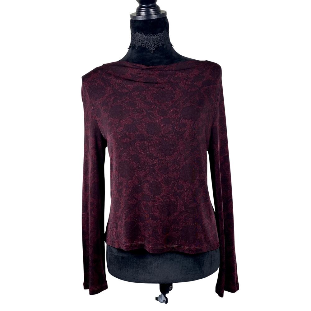 Vtg y2k 90's Preston & York Slinky Burgundy Rose Cowl Whimsigoth Long Sleeve S